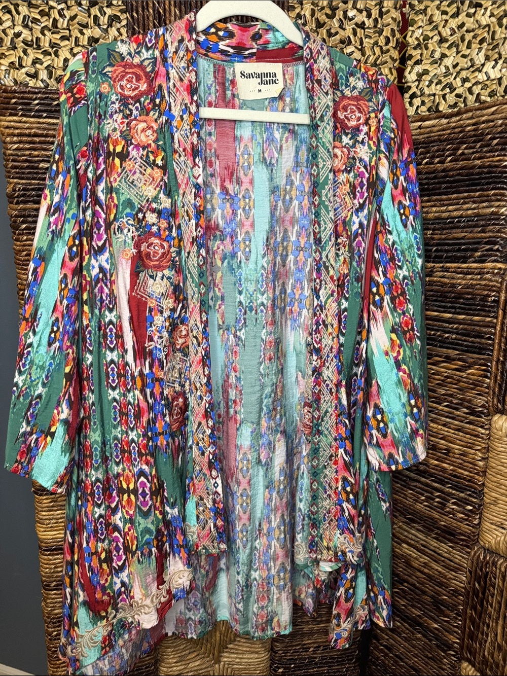 Savanna Jane Green & Red Floral Tribal Open Kimono